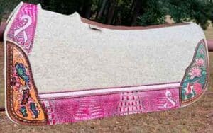 Hand painted butterfly leather detail on custom 5 Star breast cancer awareness saddle pad
